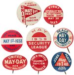 EIGHT COMMUNIST PARTY MAY DAY BUTTONS INCLUDING "FIGHT HUNGER/WAR/FASCISM".