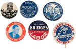 MOONEY & BILLINGS "LABOR'S MARTYRS" (3) AND HARRY BRIDGES UNION ORGANIZER (3) BUTTONS.