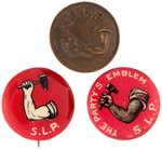 THREE SOCALIST LABOR PARTY ITEMS INCLUDING TWO CELLO & SCREWBACK BRASS LAPEL STUD.