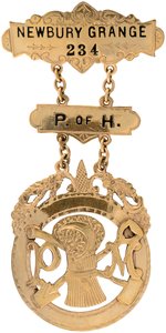 NEWBURY GRANGE/PATRONS OF HUSBANDRY 1915/16 ENGRAVED GOLD FILLED BADGE.