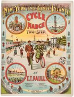 "NEW YORK AND CONEY ISLAND CYCLE MARCH TWO-STEP" SHEET MUSIC WITH BICYCLING THEME.