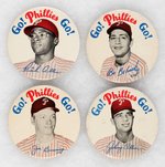 PHILLIES FOUR PLAYER 3.5" BUTTONS USED AS MUCHINSKY BOOK PLATE EXAMPLES.