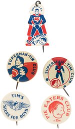 SUPERMAN-TIM RARE CELLO ON STICKPIN PLUS TWO SUPERMAN-TIM CLUB BUTTONS & TWO EARLY TIM.