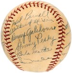 1949 BOSTON RED SOX TEAM-SIGNED BASEBALL WITH TED WILLIAMS SIGNED SWEET SPOT.