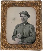 DAGUERREOTYPE OF US CIVIL WAR SOLDIER IN BRASS FRAME.