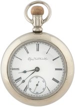 ELGIN TWO TONE SILVERODE 17 JEWELS OPEN FACE POCKET WATCH MODEL 5 WITH RAILROAD LOCOMOTIVE BACK.