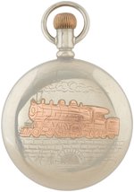 ELGIN TWO TONE SILVERODE 17 JEWELS OPEN FACE POCKET WATCH MODEL 5 WITH RAILROAD LOCOMOTIVE BACK.