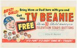 "TV BEANIE - TELEVISION STARS BUTTONS" SIGN PROTOTYPE ORIGINAL ART.