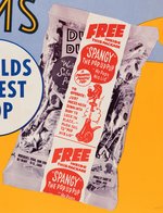 DUM-DUMS LOLLIPOPS "SPANGY THE POP-UP PUP" PREMIUM OFFER TWO-SIDED ADVERTISING SIGN.