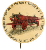 "HOUSING" 1906 BUTTON FOR BEAUTIFULLY DEPICTED MASSIVE FIRE LADDER TRUCK.