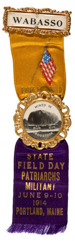 EXAGGERATED POTATO ON RAIL CAR REAL PHOTO CELLO ON 1914 MAINE RIBBON BADGE.