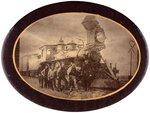 MASSIVE STEAM LOCOMOTIVE AND CREW 8" PHOTOGRAPHIC CELLULOID OVAL.