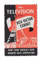 HISTORICAL 1939 NYWF POSTER STAMP FOR "SEE TELEVISION AT THE RCA VICTOR EXHIBIT."