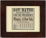 "GOV. HAYES NOMINATED ON 7TH BALLOT" FRAMED NEWSPRINT SHEET SHOWING CONVENTION BALLOT TOTALS.