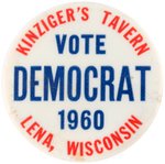 PAIR OF UNUSUAL KENNEDY 1960 CAMPAIGN BUTTONS INCLUDING "KINZINGER'S TAVERN" AND RIBBON BADGE.