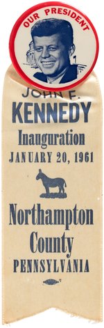 KENNEDY INAUGURAL BUTTON AND RIBBON FROM "NORTHHAMPTON COUNTY PENNSYLVANIA."