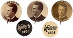 GROUP OF FIVE ROBERT M. LA FOLLETTE BUTTONS AND POSTCARD.