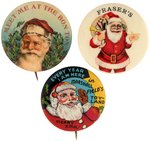 SANTA BUTTON TRIO OF TWO CELLULOID AND ONE LITHO ALL IN CHOICE COLOR.