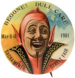 MAN IN DEVIL COSTUME BUTTON WITH RARE 1901 SACRAMENTO IMPRINT.