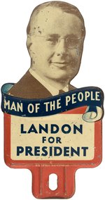 "MAN OF THE PEOPLE LANDON FOR PRESIDENT" FIGURAL PORTRAIT LICENSE PLATE ATTACHMENT.