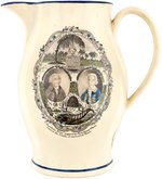 GEORGE WASHINGTON, SAM ADAMS, JOHN HANCOCK "PROSCRIBED PATRIOTS" POLYCHROME LIVERPOOL PITCHER.