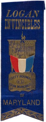 JOHN "LOGAN INVINCIBLES OF MARYLAND" RIBBON FEATURING "FORTY ROUNDS" MOTIF.