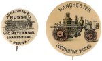 TWO EARLIEST KNOWN BUTTONS FROM 1896-1898 ADVERTISING FIREFIGHTING VEHICLES.