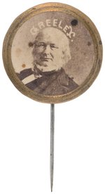 "GREELEY" 1872 CARDBOARD PHOTO IN BRASS RIM WITH STICKPIN DeWITT & HAKE UNLISTED.