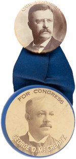 ROOSEVELT "OUR PRESIDENT" BUTTON SUSPENDING COATTAIL "FOR CONGRESS GEORGE D. MC CREARY" BADGE.