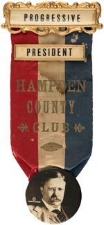 RARE ROOSEVELT REAL PHOTO BUTTON SUSPENDED FROM "PROGRESSIVE HAMPDEN COUNTY CLUB" RIBBON.