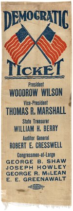 WILSON/MARSHALL 1912 PHILADELPHIA PENNSYLVANIA "DEMOCRATIC TICKET" UNLISTED RIBBON.