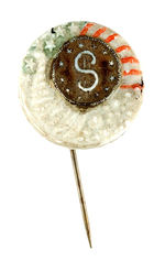 UNUSUAL AND RARE 1896 McKINLEY CERAMIC STICKPIN WITH MULTIPLE SYMBOLS.