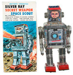 “BATTERY OPERATED SILVER RAY SECRET WEAPON SPACE SCOUT” BOXED ROBOT.