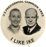 EISENHOWER AND FEMALE SUPPORTER 1952 UNIQUE REAL PHOTO BUTTON.