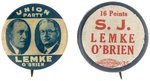 UNION PARTY 1936 JUGATE AND RARE TEXT BUTTON SUPPORTING LEMKE ISSUED BY FATHER COUGHLIN.