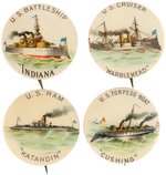 COLLECTIBLE PIN-BACK BUTTONS BOOK FOUR WARSHIPS FROM 1898 USED FOR PHOTOS.