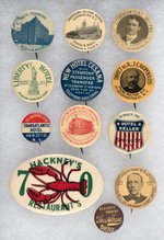 COLLECTIBLE PIN-BACK BUTTONS BOOK 12 INCLUDING NYC IMMIGRANT HOTELS.