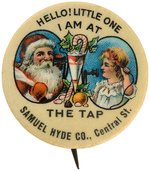 SANTA SPEAKING ON CANDLESTICK TELEPHONE WITH YOUNG GIRL SCARCE BUTTON.