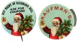 SANTA WITH HOLLY SPRIG "RICHMOND HILL" BUTTON & "KAUFMAN'S" NON-WORKING CLICKER.