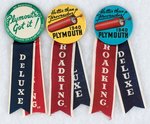 THREE PLYMOUTH C. 1940s SCARCE BUTTONS EACH WITH "DELUXE ROADKING" RIBBONS.