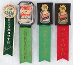 PLYMOUTH FOUR SCARCE BADGES WITH PLYMOUTH, CHRYSLER & DeSOTO RIBBONS.