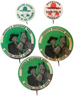 HOPALONG CASSIDY 5 RARE BUTTONS INCLUDING NEWSPAPERS AND "HITCHING POST".