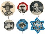 GENE AUTRY FIVE BUTTONS C. 1940-EARLY 50s PLUS SCARCE DELL COMIC CLUB TAB.