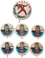 CAPTAIN MARVEL 1948 CLUB BUTTON AND 6 SUPERMAN BUTTONS FROM THE 1940s KELLOGG PEP SET.