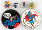 SUPERMAN 4 SPECIAL PURPOSE BUTTONS 1950s-1976 PLUS 7 UP BOTTLE CAP PAIR.