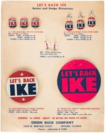 IKE TEN ITEM SAMPLE SHEET FROM GREEN DUCK PLUS 5 RELATED UNCOMMON TO SCARCE BUTTONS.