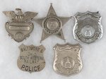 BALTIMORE & OHIO AND B&O SOUTH WESTERN RAILROAD POLICE FIVE BADGES.