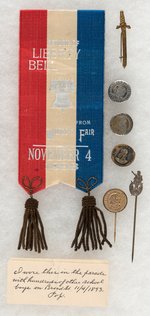 RARE 1893 RETURN OF LIBERTY BELL TO PHILA. RIBBON PLUS SIX COLUMBIAN EXPO ITEMS.