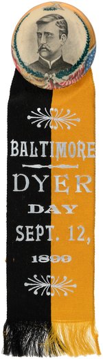 RARE 1899 BUTTON WITH RIBBON FOR "DYER DAY" TO HONOR CAPT. OF THE CRUISER BALTIMORE.