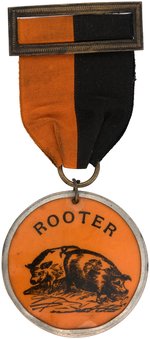 "ROOTER" RIBBON BADGE IN BALTIMORE ORIOLES COLORS C. 1894.